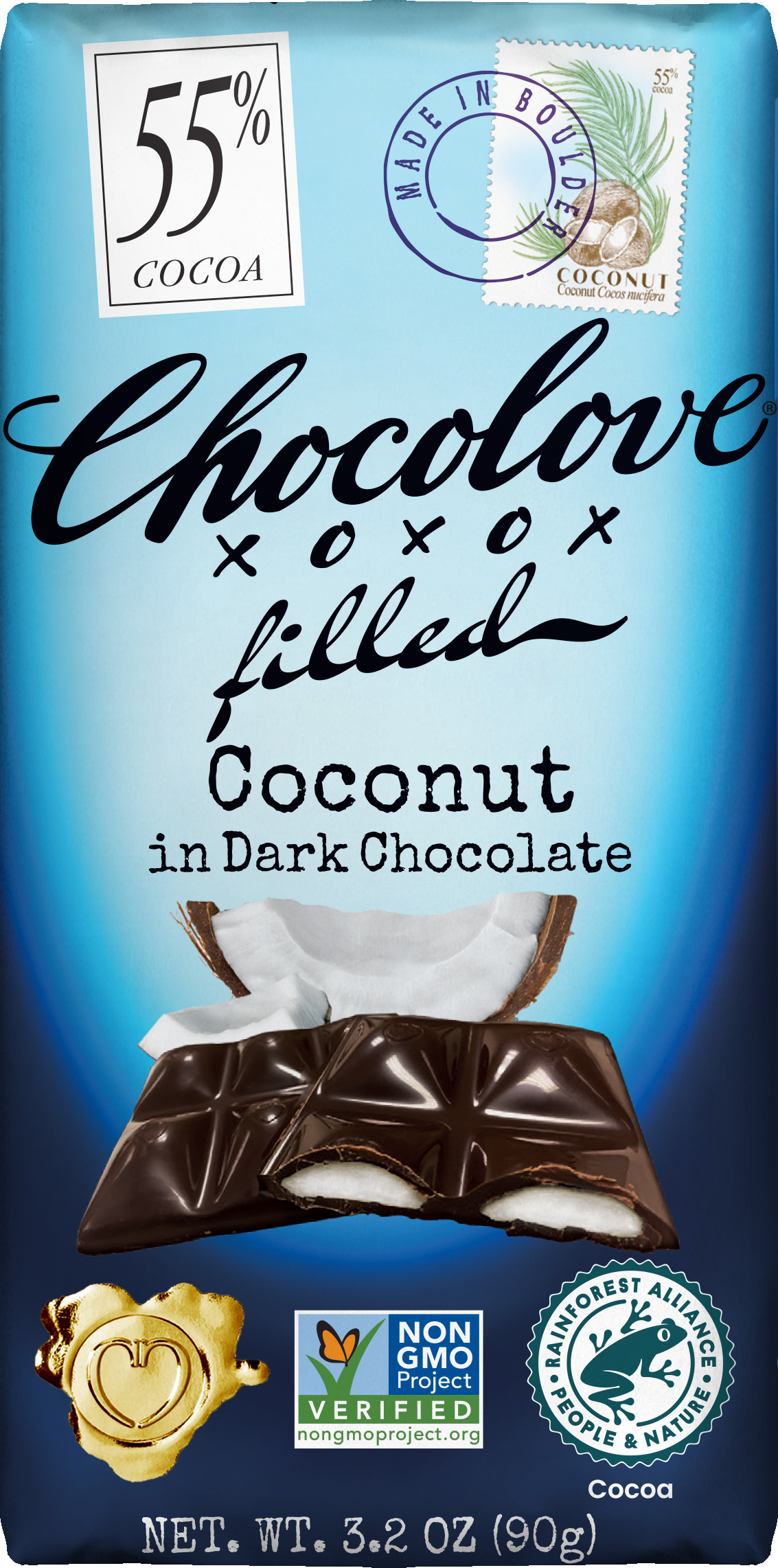 Chocolove Coconut in Dark Chocolate Filled Bar with dark chocolate exterior and coconut filling inside.