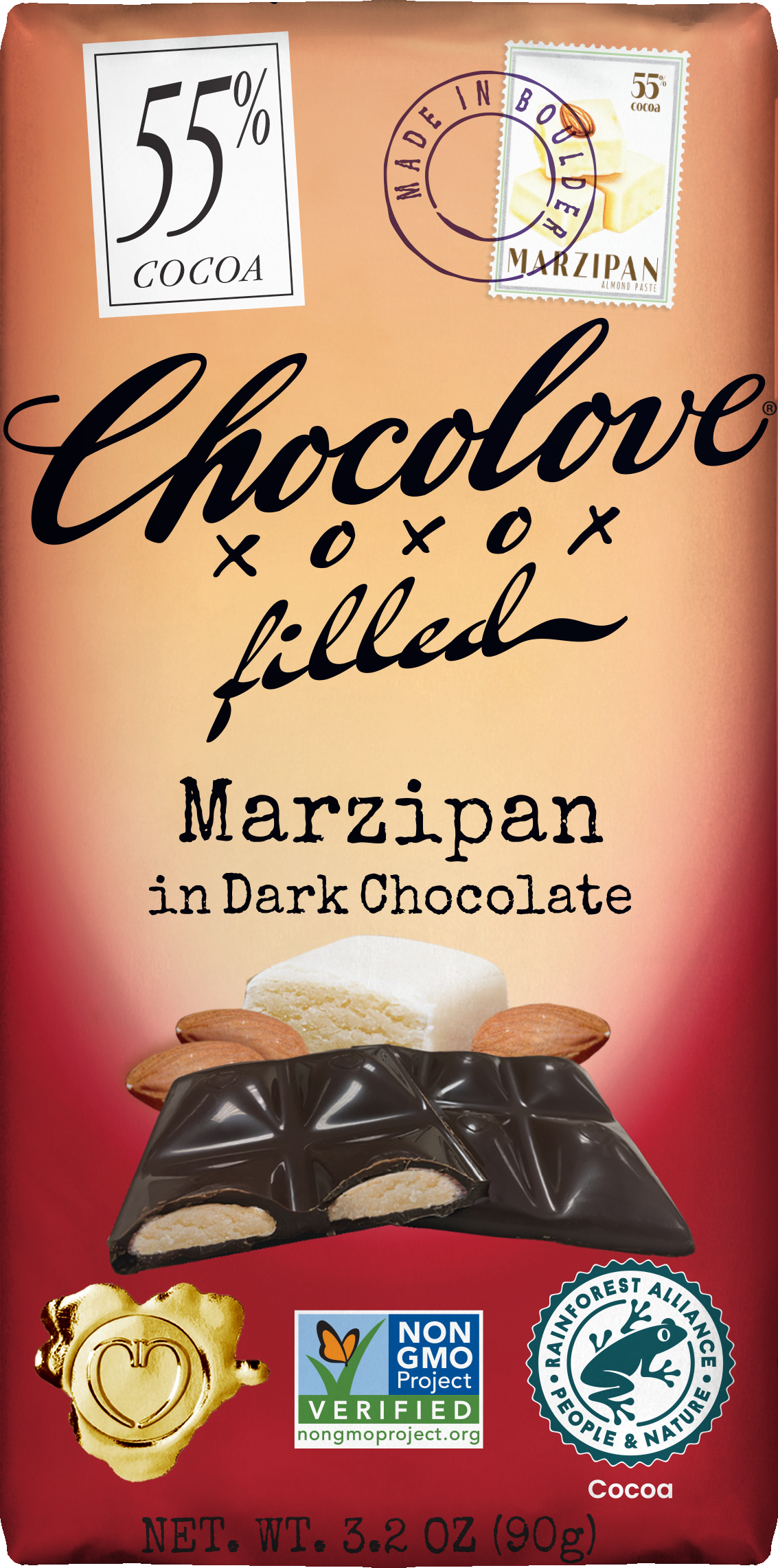 Front of a Chocolove Marzipan in Dark Chocolate bar wrapper. The top right corner features a stamp with the word "Marzipan" and the percentage "55% cocoa". The bar is shown with a section broken off, revealing the marzipan filling inside. The wrapper also includes logos for Non-GMO Project Verified and Rainforest Alliance Certified, along with a heart-shaped seal at the bottom.